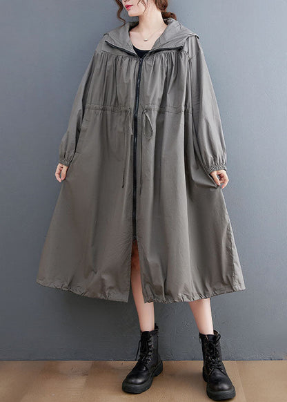 Grey Oversized Cotton Trench Coat Hooded Drawstring Spring Ac2081