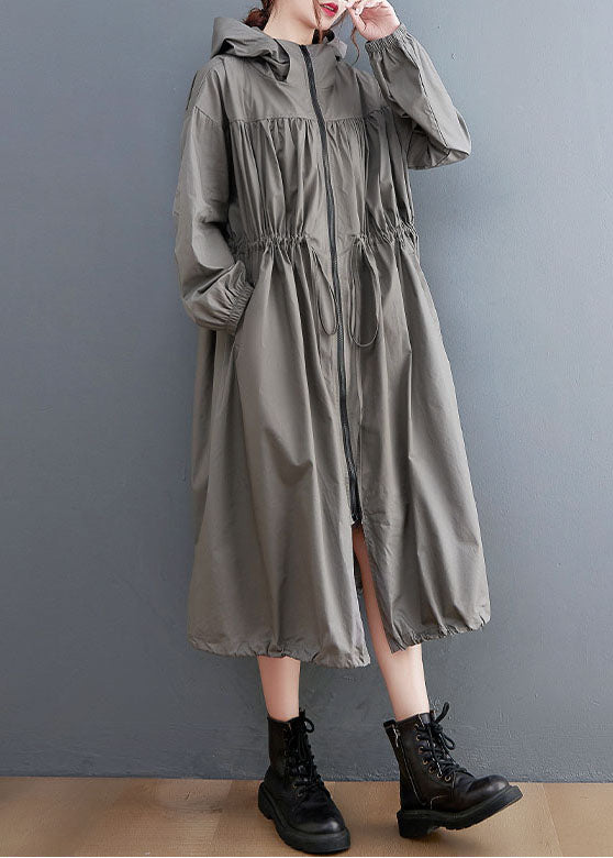 Grey Oversized Cotton Trench Coat Hooded Drawstring Spring Ac2081