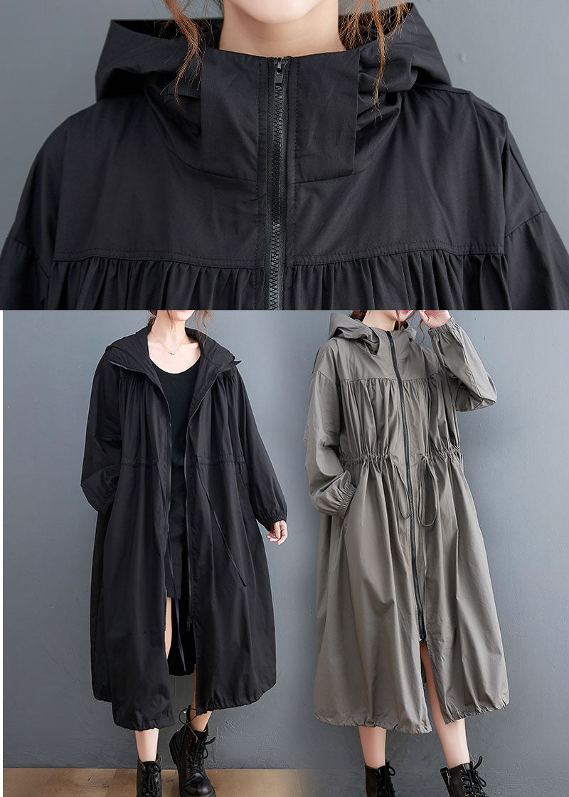Grey Oversized Cotton Trench Coat Hooded Drawstring Spring Ac2081