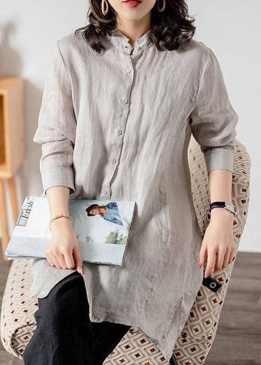 Grey Patchwork Linen Blouses Button Bracelet Sleeve Ly1476