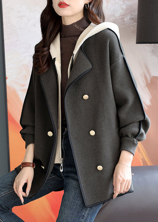 Grey Patchwork Woolen Hooded Coat False Two Pieces Winter Rs023