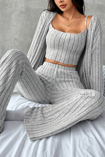 Grey Ribbed Knit Cardigan Three-piece Set
