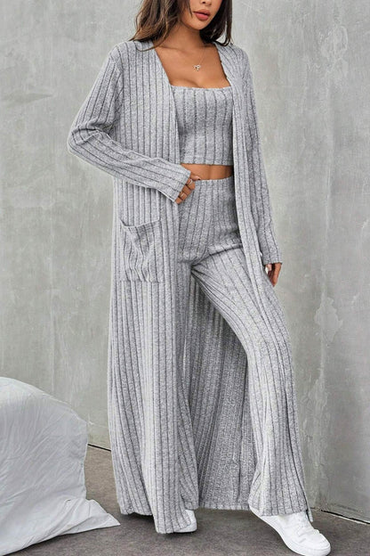 Grey Ribbed Knit Cardigan Three-piece Set