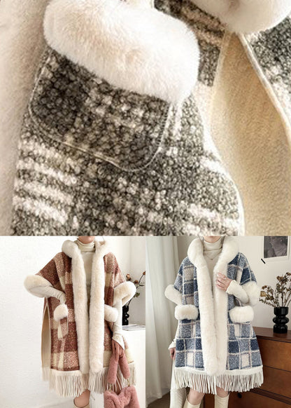 Grey Side Open Pockets Warm Fleece Cape Coat Fur Collar Half Sleeve Yw007