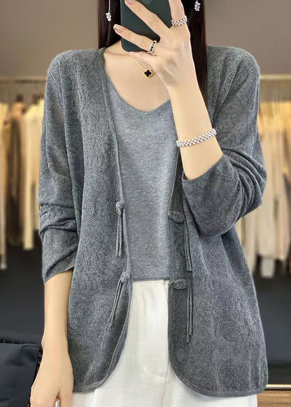 Grey Cozy Knit Cardigans V Neck Long Sleeve Ab1048