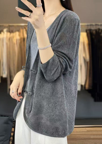 Grey Cozy Knit Cardigans V Neck Long Sleeve Ab1048