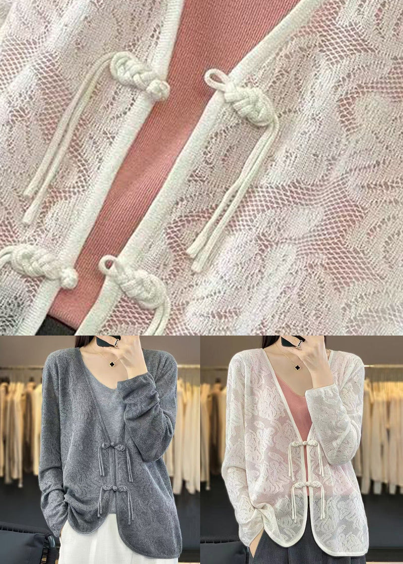 White V Neck Chinese Button Knit Cardigan Fall Ab1049