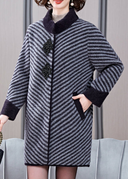 Grey Thick Mink Velvet Coat Patchwork Pockets Spring Ta019