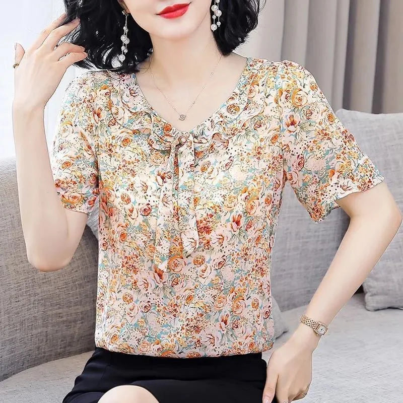 Spring Summer Style Chiffon Blouses Shirts Lady Short Flare Sleeve Bow Tie Collar Chiffon Blusas Tops Df4116