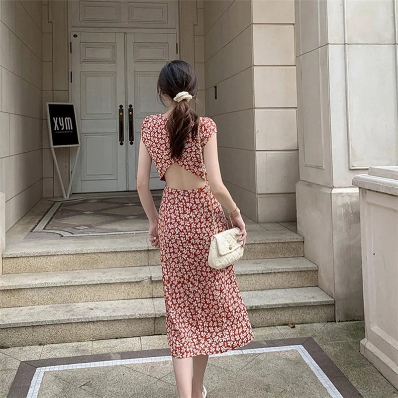 Summer Backless Midi Dress Print Split Dress Holiday Lady Beach Party Vestidos