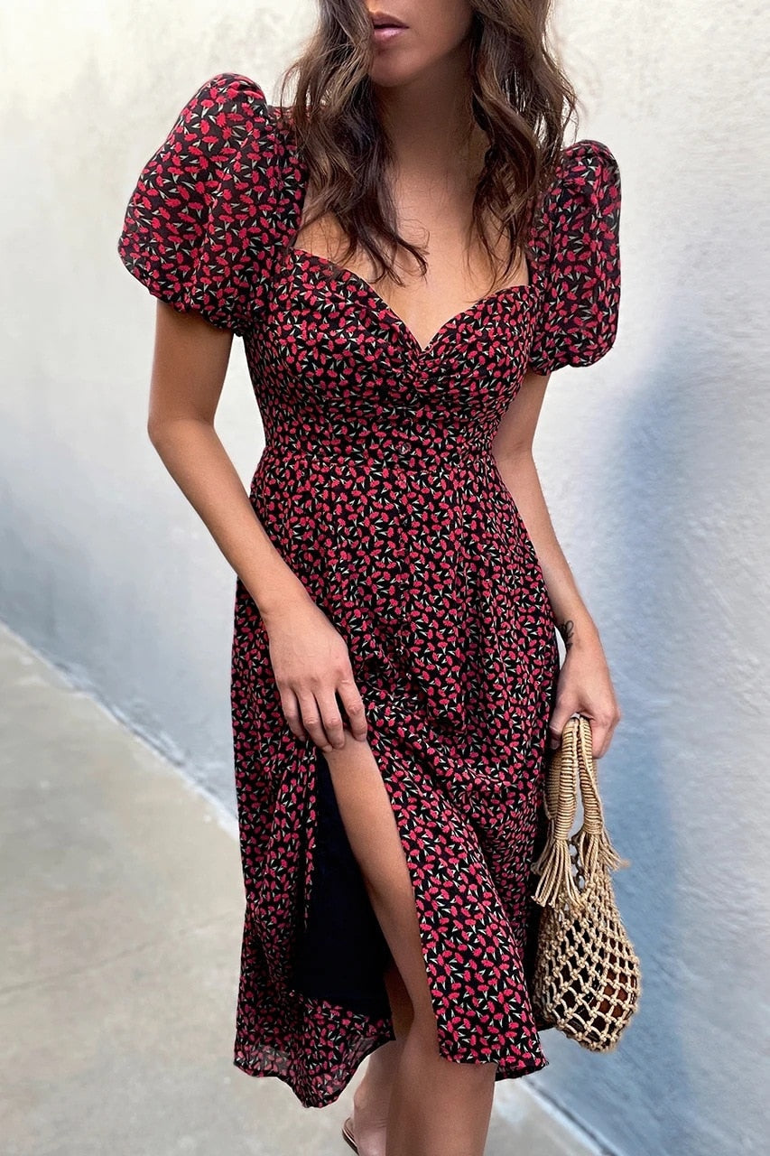 Midi Dress Print Split Blue Sundress Party Beach Dress