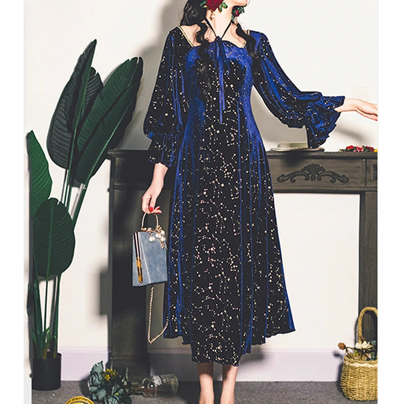 Party Dress Evening French Retro Dress Female Long Sleeve Flroal Midi Dress Korean Autumn