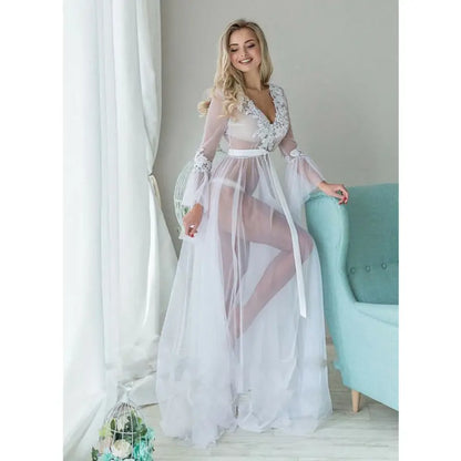 Dress Deep V Lace Sleepwear Babydoll See Through Long Dresses for Nightwear Dresses