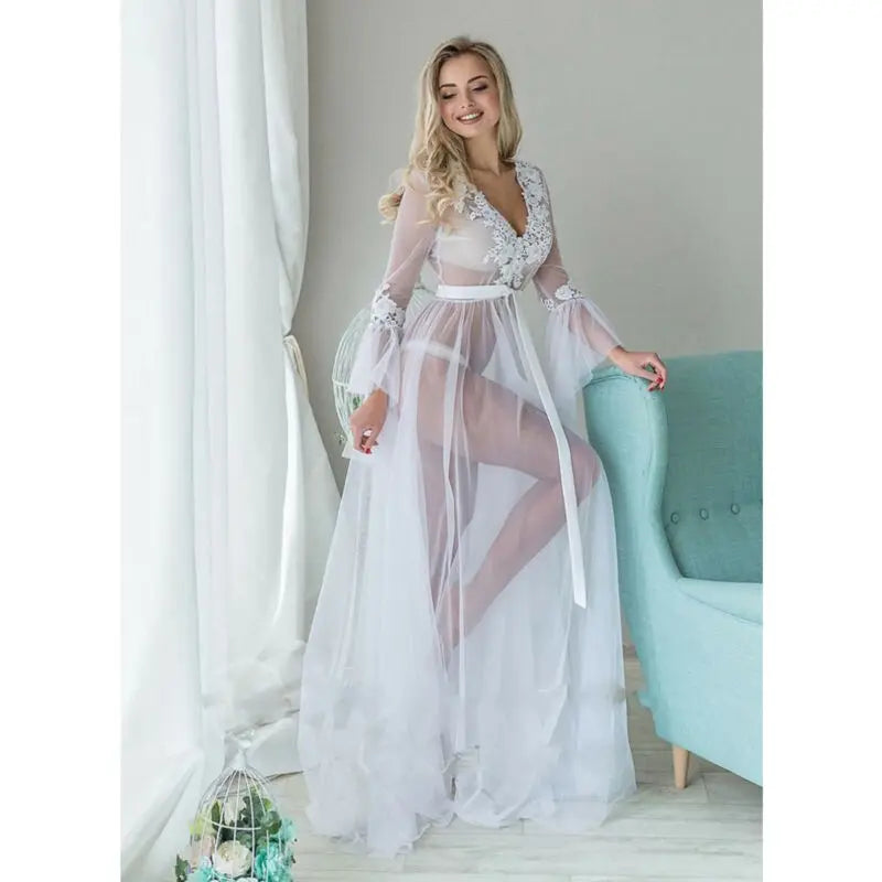 Dress Deep V Lace Sleepwear Babydoll See Through Long Dresses for Nightwear Dresses