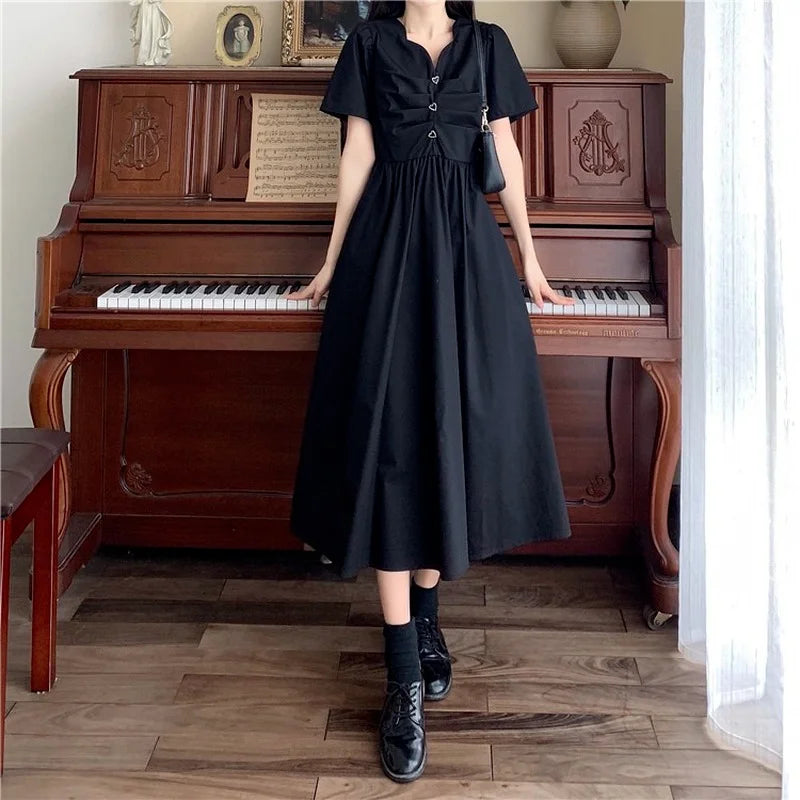 Kylethomasw Summer Newblack Slim Dresses for Vneck French Sweet Long Dress M4xl Loose Short Sleeve Dress Vestido