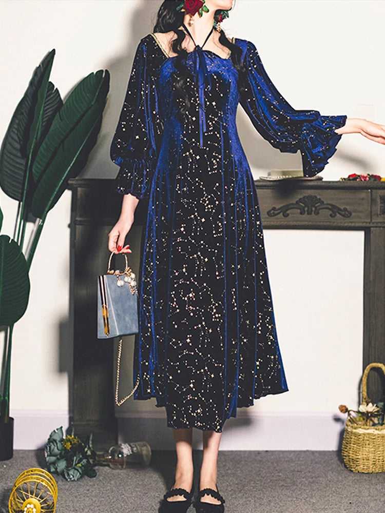 Party Dress Evening French Retro Dress Female Long Sleeve Flroal Midi Dress Korean Autumn