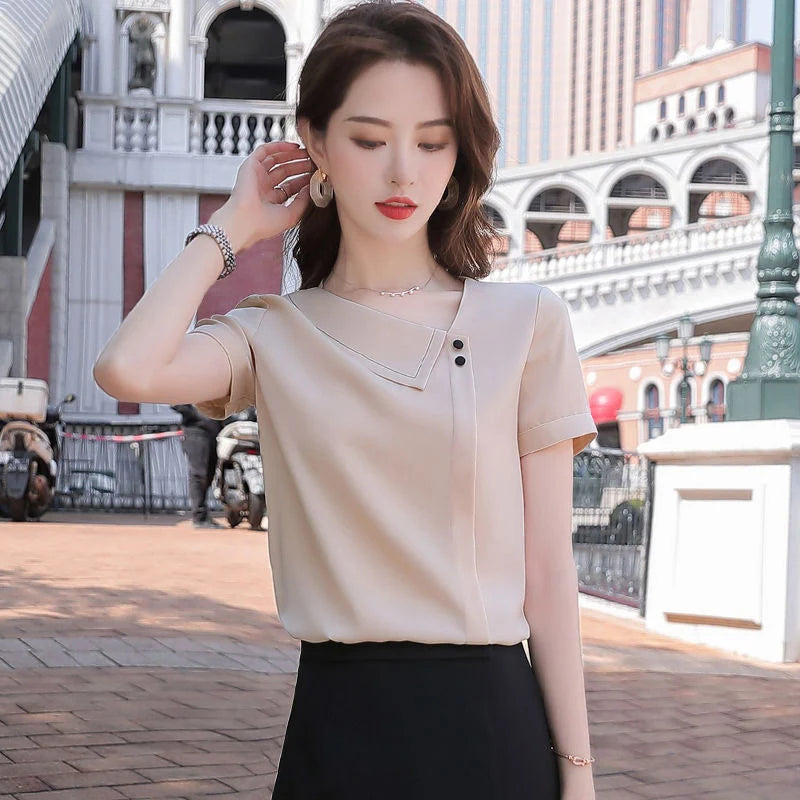 Spring Summer Style Chiffon Blouses Shirts Lady Asymmetrical Collar Short Sleeve Chiffon Blusas Tops Df4028