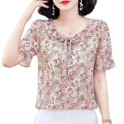 Spring Summer Style Chiffon Blouses Shirts Lady Short Flare Sleeve Bow Tie Collar Chiffon Blusas Tops Df4116