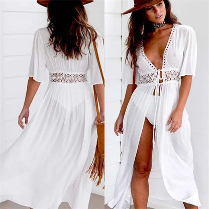 Beach Long Maxi Dress Beach Cover Up Bikini Tunic Pareo White V Neck Dress Robe Swimwear Bathing Suit Beachwear