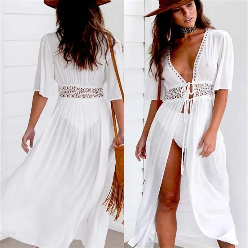 Beach Long Maxi Dress Beach Cover Up Bikini Tunic Pareo White V Neck Dress Robe Swimwear Bathing Suit Beachwear