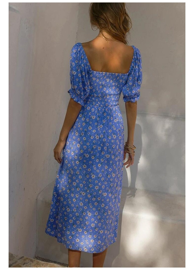 Midi Dress Print Split Blue Sundress Party Beach Dress
