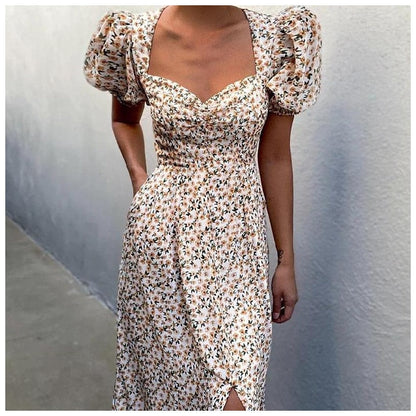 Midi Dress Print Split Blue Sundress Party Beach Dress