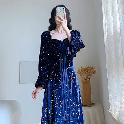 Party Dress Evening French Retro Dress Female Long Sleeve Flroal Midi Dress Korean Autumn