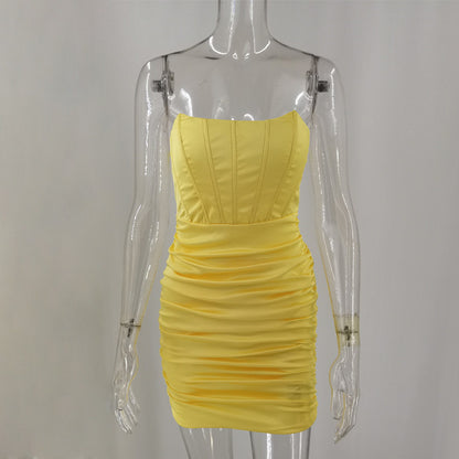 Satin Strapless Ruched Dress for Summer Off-shoulder Sleeveless Bodycon Party Clubwear Mini Dresses Vestidos