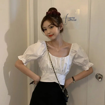 Lace Up Backless Top Youth Woman Blouses Short Sleeve Summer Shirt Low Cut New