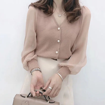 ’s Spring Autumn Style Blouses Shirt ’s Knitted Button Long Sleeve Color Lace Patchwork Tops Sp820
