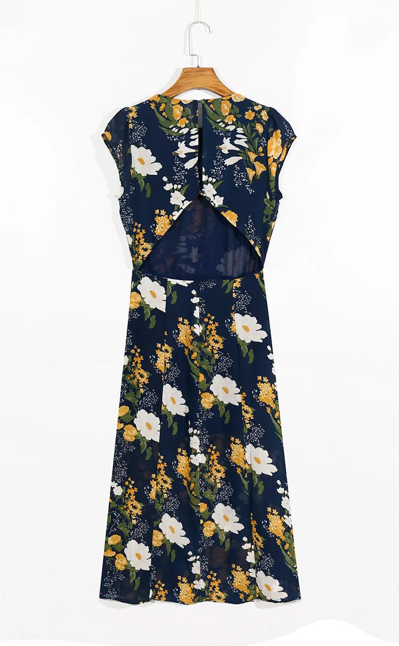 Summer Backless Midi Dress Print Split Dress Holiday Lady Beach Party Vestidos