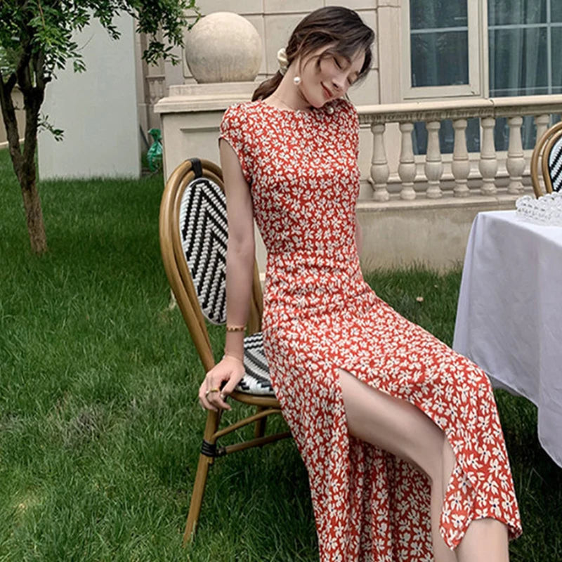 Summer Backless Midi Dress Print Split Dress Holiday Lady Beach Party Vestidos