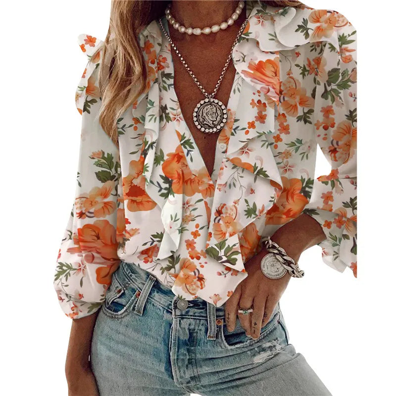 Long Sleeve Blouse V-neck Shirt Office Blouses Woman Clothes Ruffles Shirts
