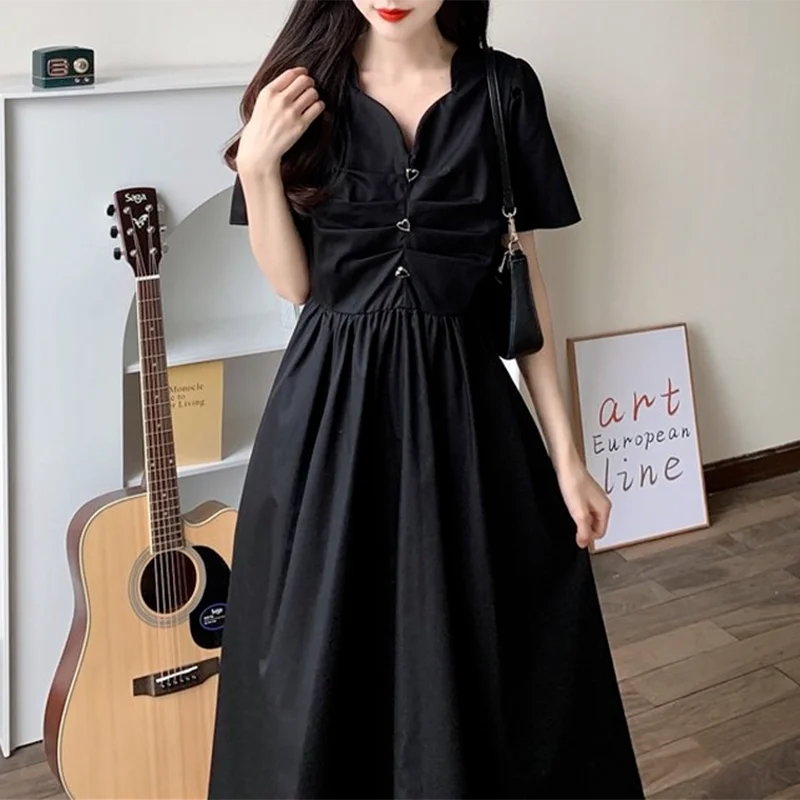 Kylethomasw Summer Newblack Slim Dresses for Vneck French Sweet Long Dress M4xl Loose Short Sleeve Dress Vestido