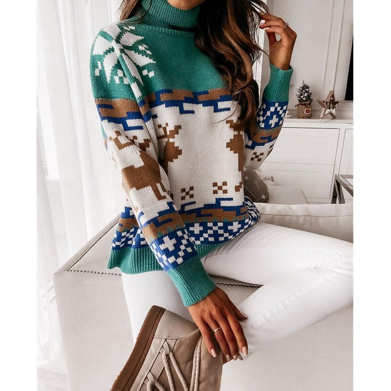 Christmas Turtleneck Sweaters Long Sleeve Elk Snowflake Pattern Pullovers Loose