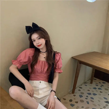 Lace Up Backless Top Youth Woman Blouses Short Sleeve Summer Shirt Low Cut New