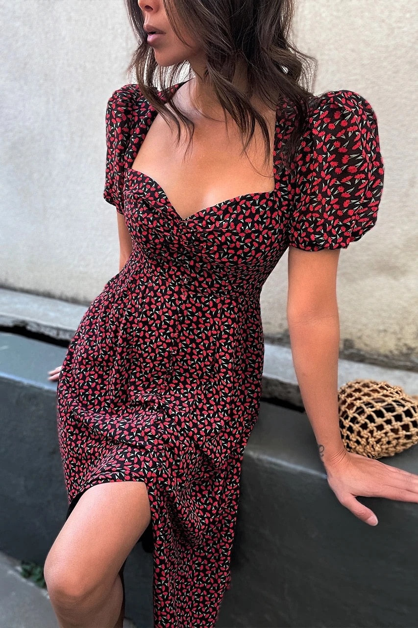Midi Dress Print Split Blue Sundress Party Beach Dress