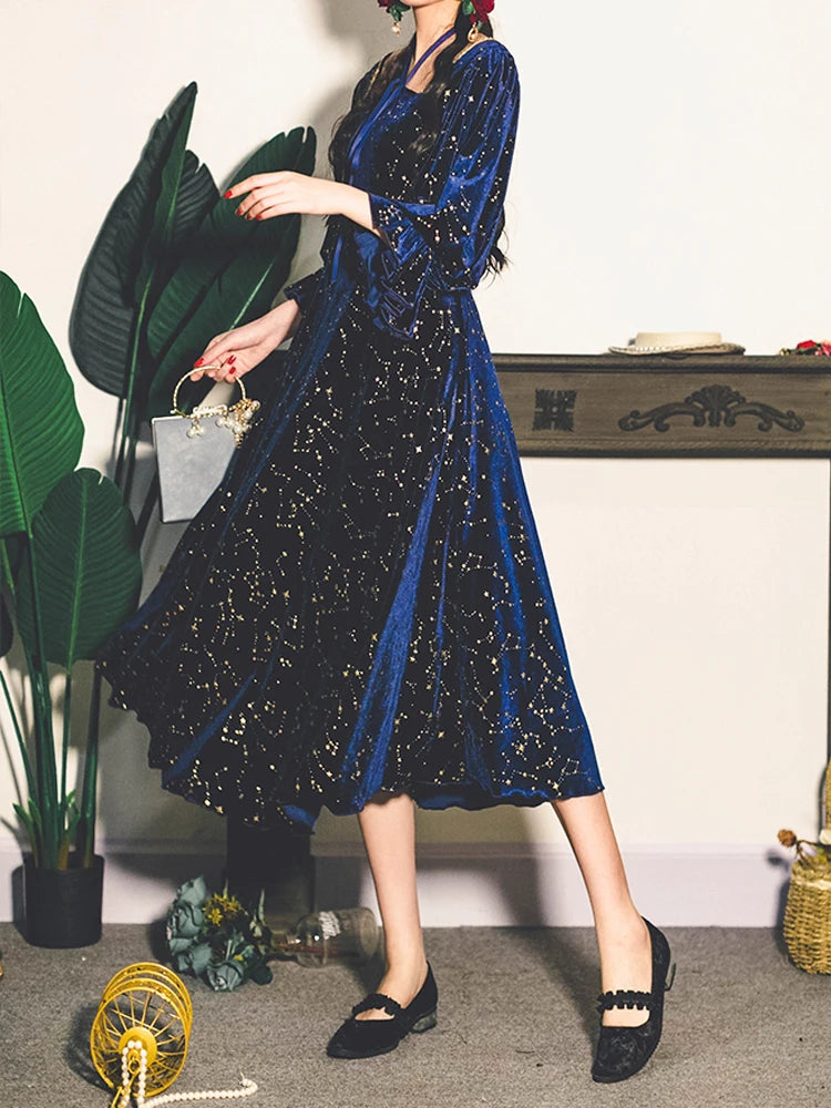 Party Dress Evening French Retro Dress Female Long Sleeve Flroal Midi Dress Korean Autumn