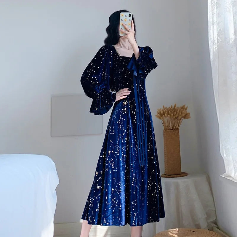 Party Dress Evening French Retro Dress Female Long Sleeve Flroal Midi Dress Korean Autumn