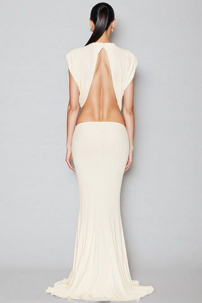 Gaelyra White Backless Satin Pleated Maxi Dress
