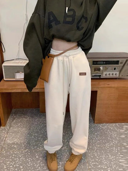 Winter Fleece Beige Jogging Sports Korean Style Oversize Pant