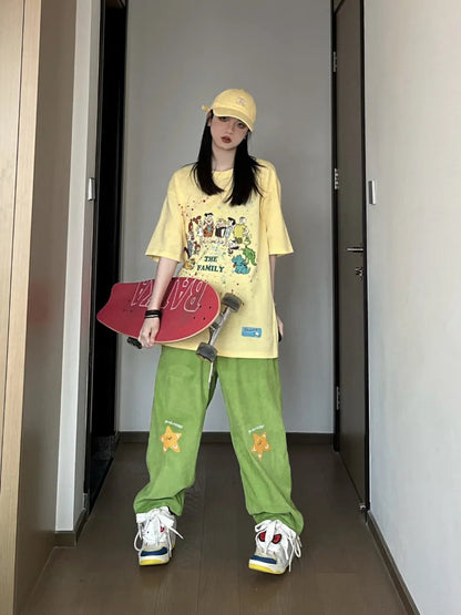 Hippie Star Print Corduroy Kawaii Green Wide Leg Sweatpants Pant