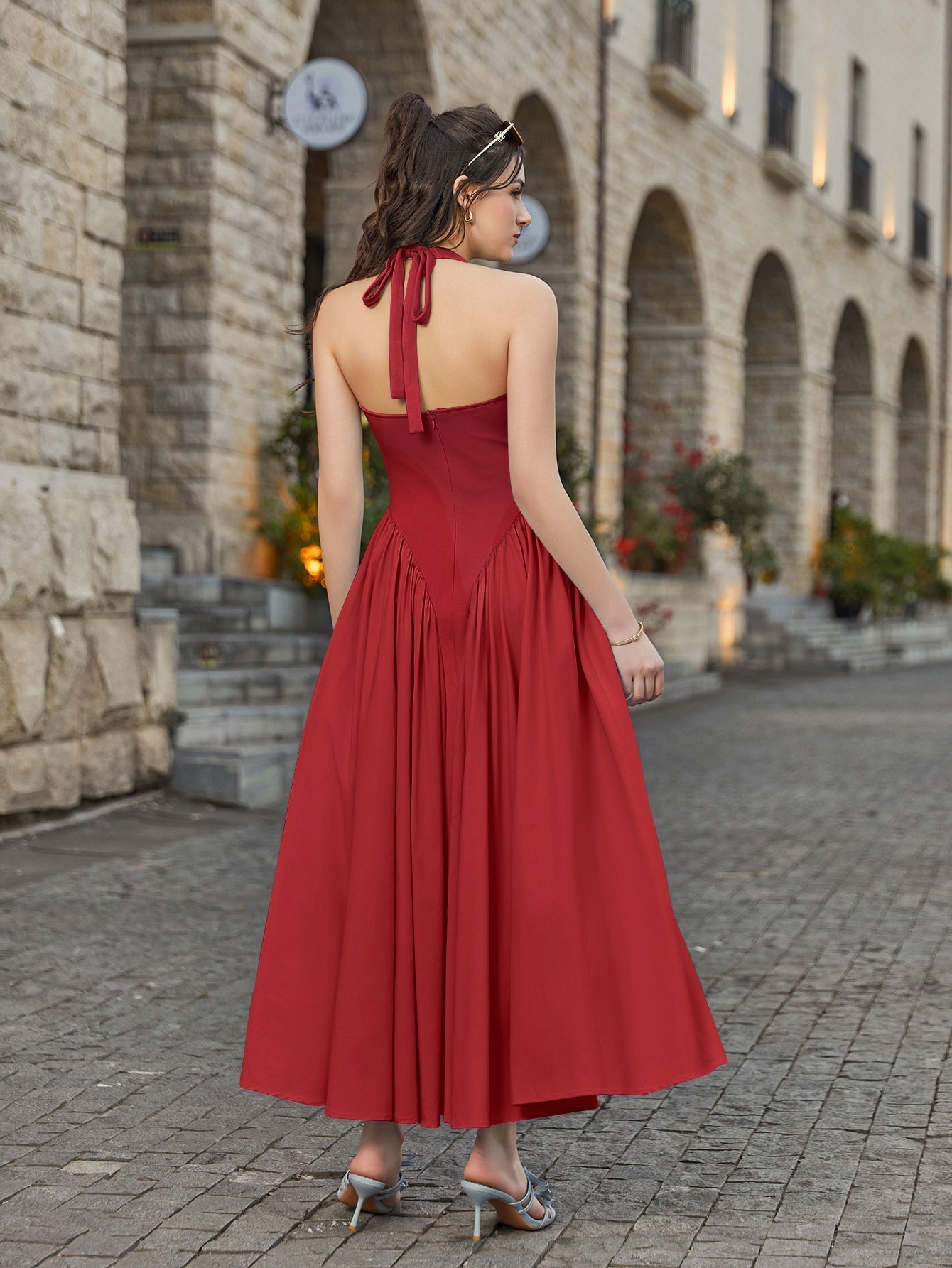 Halter Deep V-neck Ruched Waist Dress