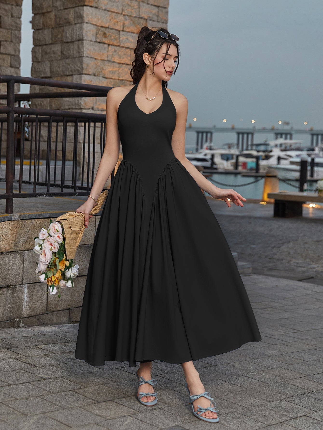 Halter Deep V-neck Ruched Waist Dress