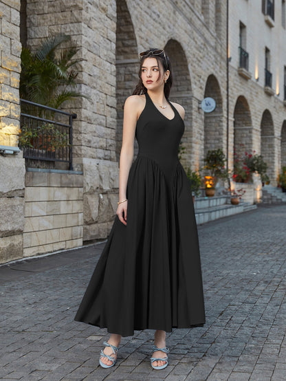 Halter Deep V-neck Ruched Waist Dress