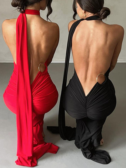 Halter Lace-up Backless Maxi Dress