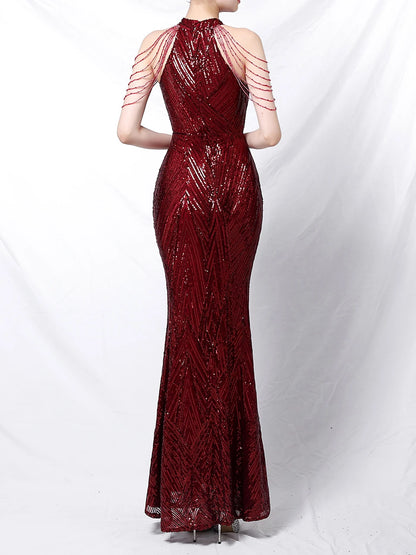 Halter Neck Sequined Evening Dresses Crystal Tassel Hip Skirt Sleeveless Rhinestone Decoration Long Dress
