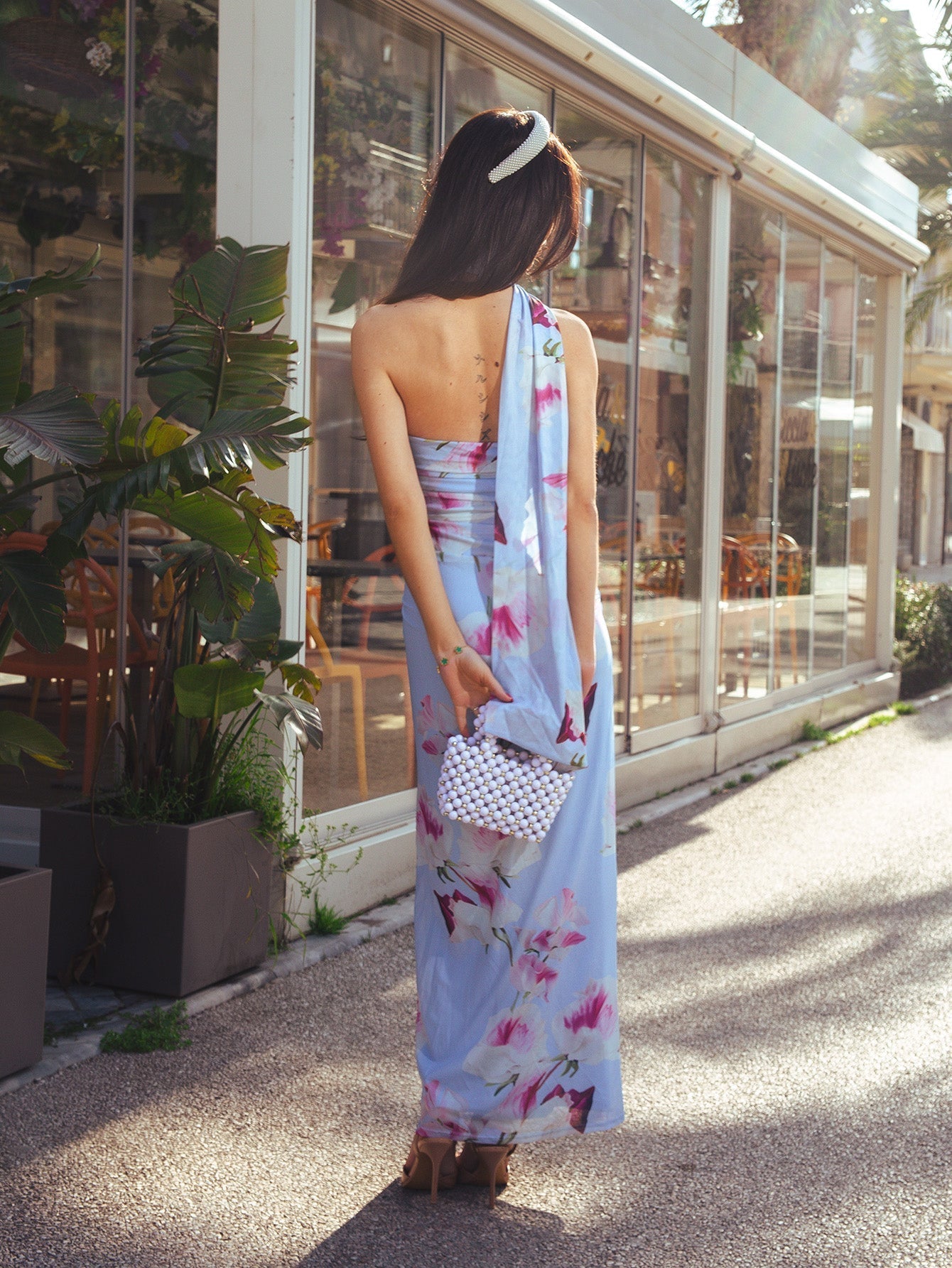 Halter Neck Ribbon Mesh Print Tube Dress