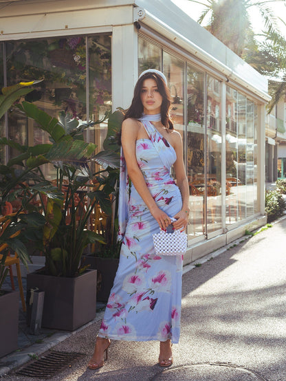 Halter Neck Ribbon Mesh Print Tube Dress