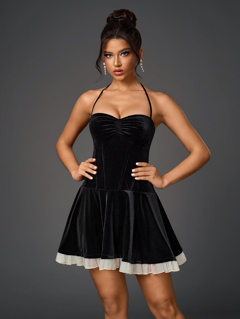 Halter Ruched Bust Mesh Trim Velvet Dress